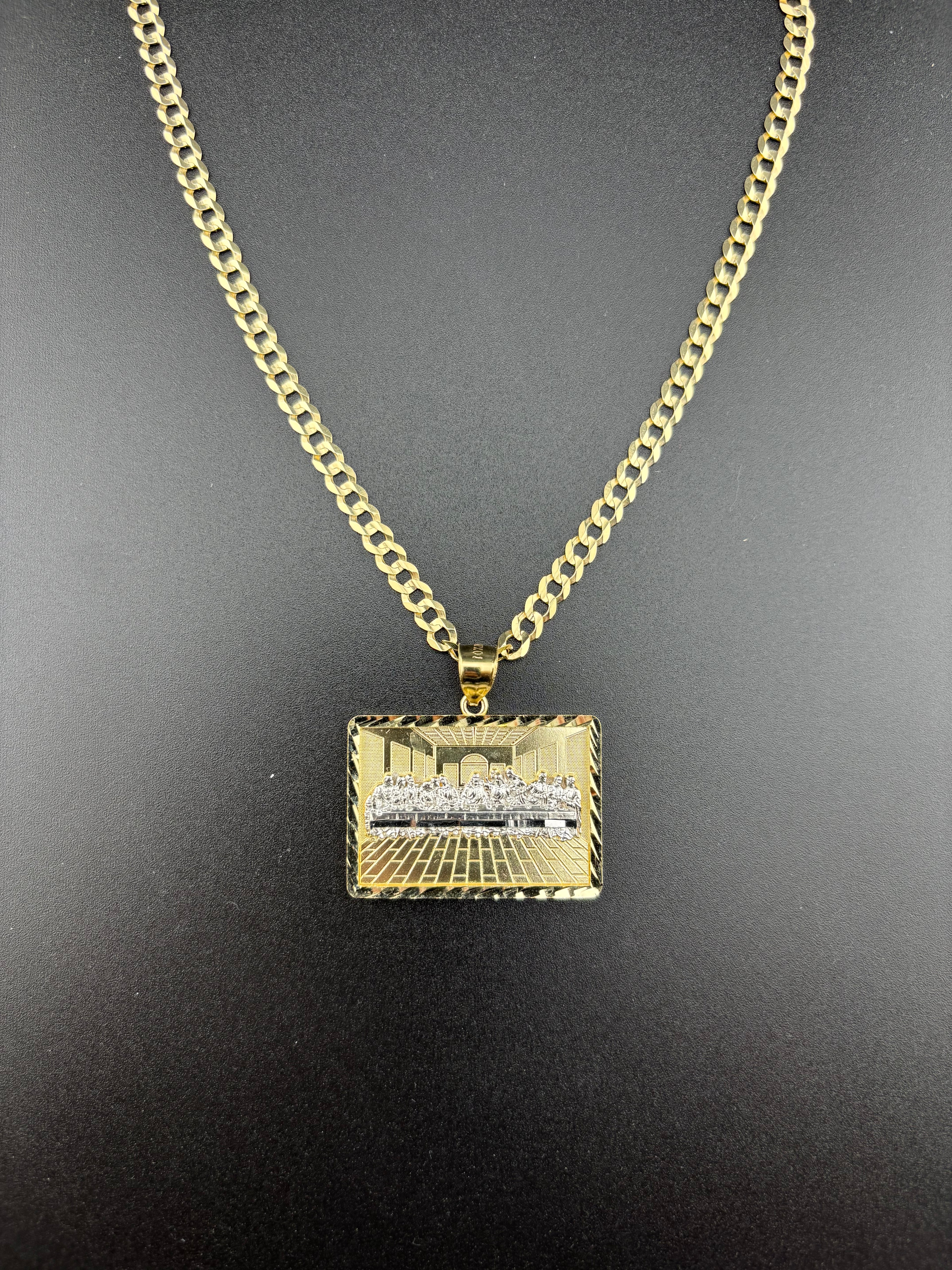 Cadena Oro 10k estilo Corte de Brillo con Dije Cuadrado de La Última Cena