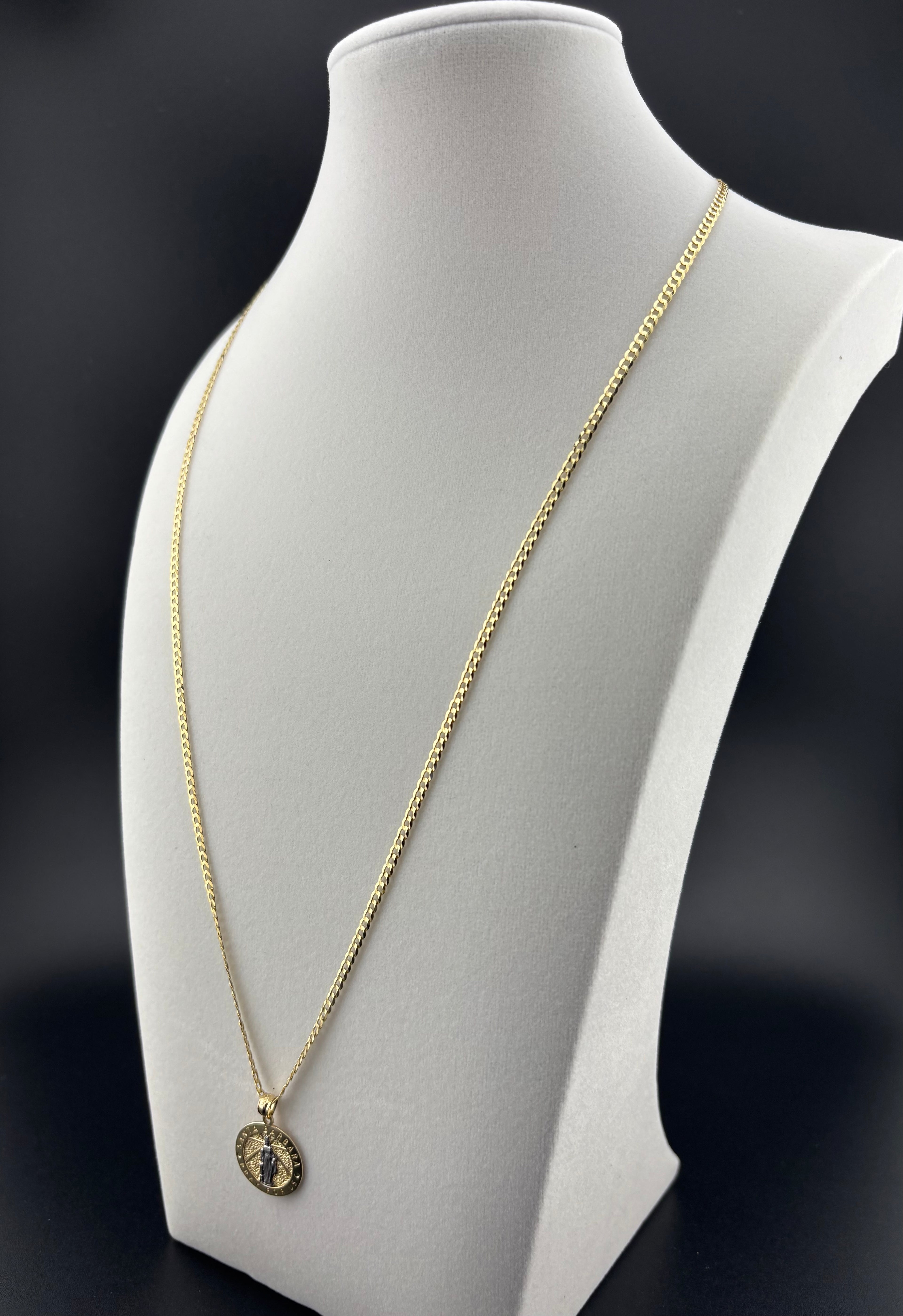 Cadena Oro 10k estilo Corte de Brillo con Dije redondo de Santa Bárbara