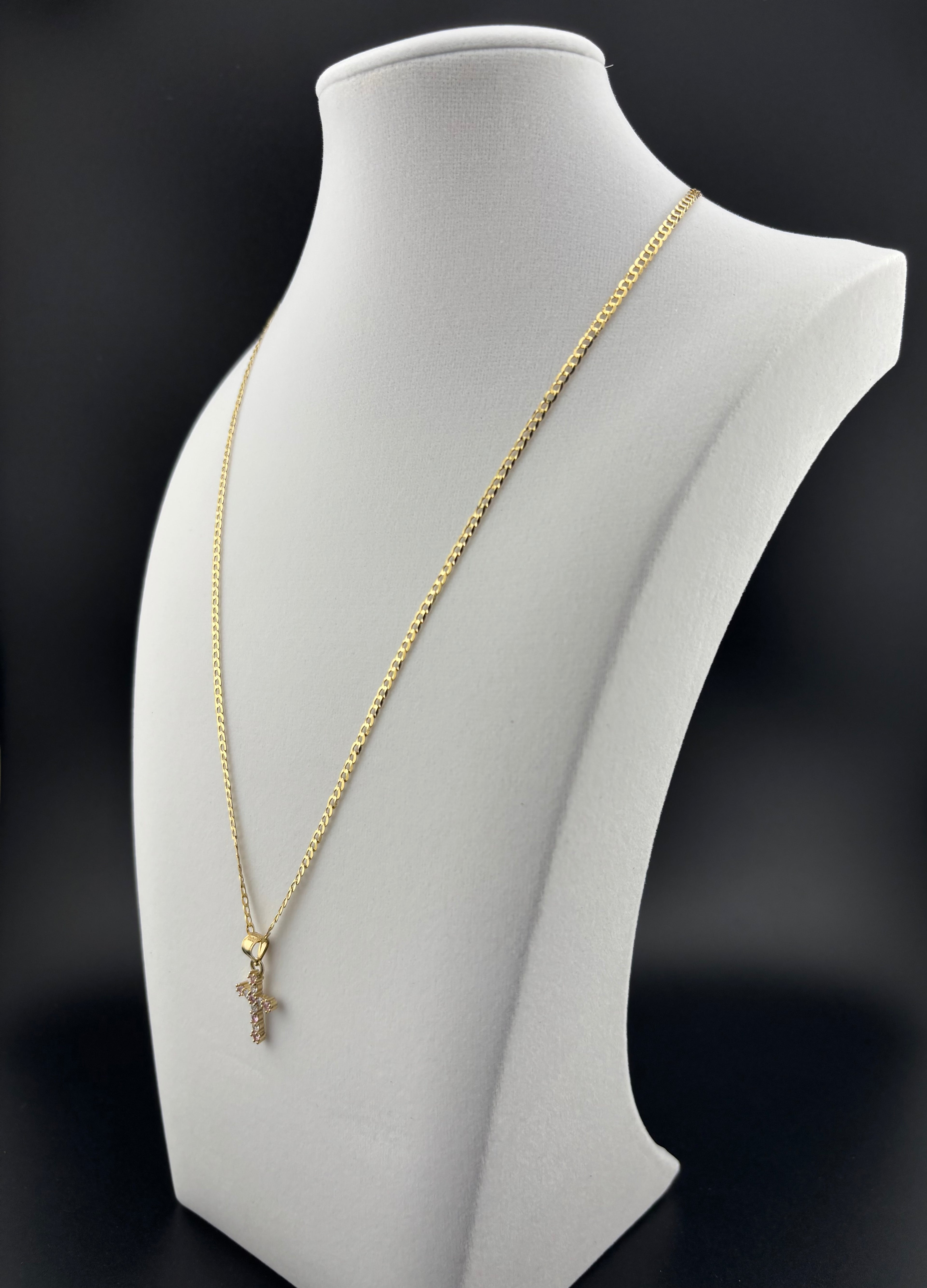 Cadena Oro 10k estilo Corte de Brillo con Dije de Cruz de perlas Blancas y Rosadas