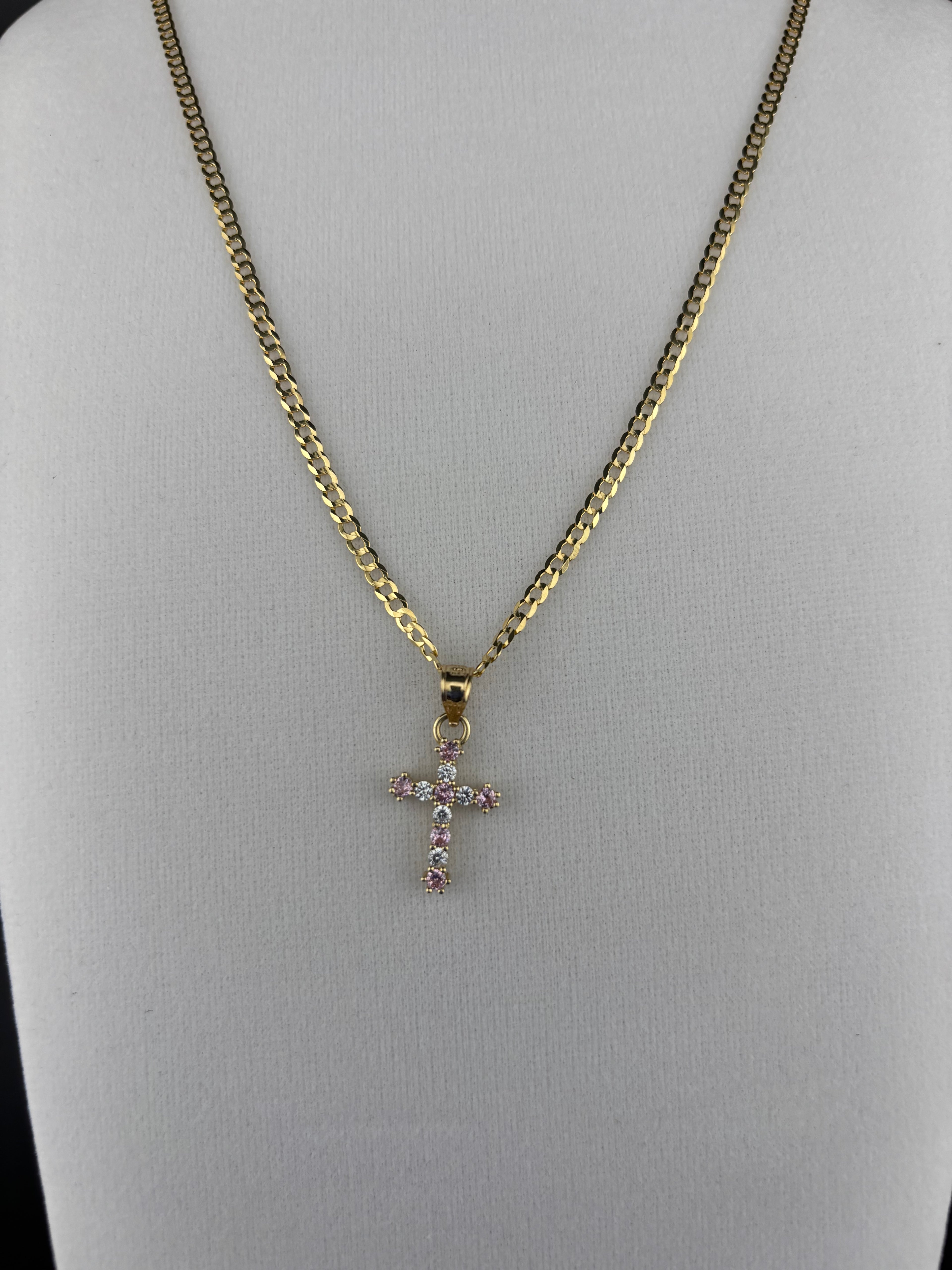 Cadena Oro 10k estilo Corte de Brillo con Dije de Cruz de perlas Blancas y Rosadas