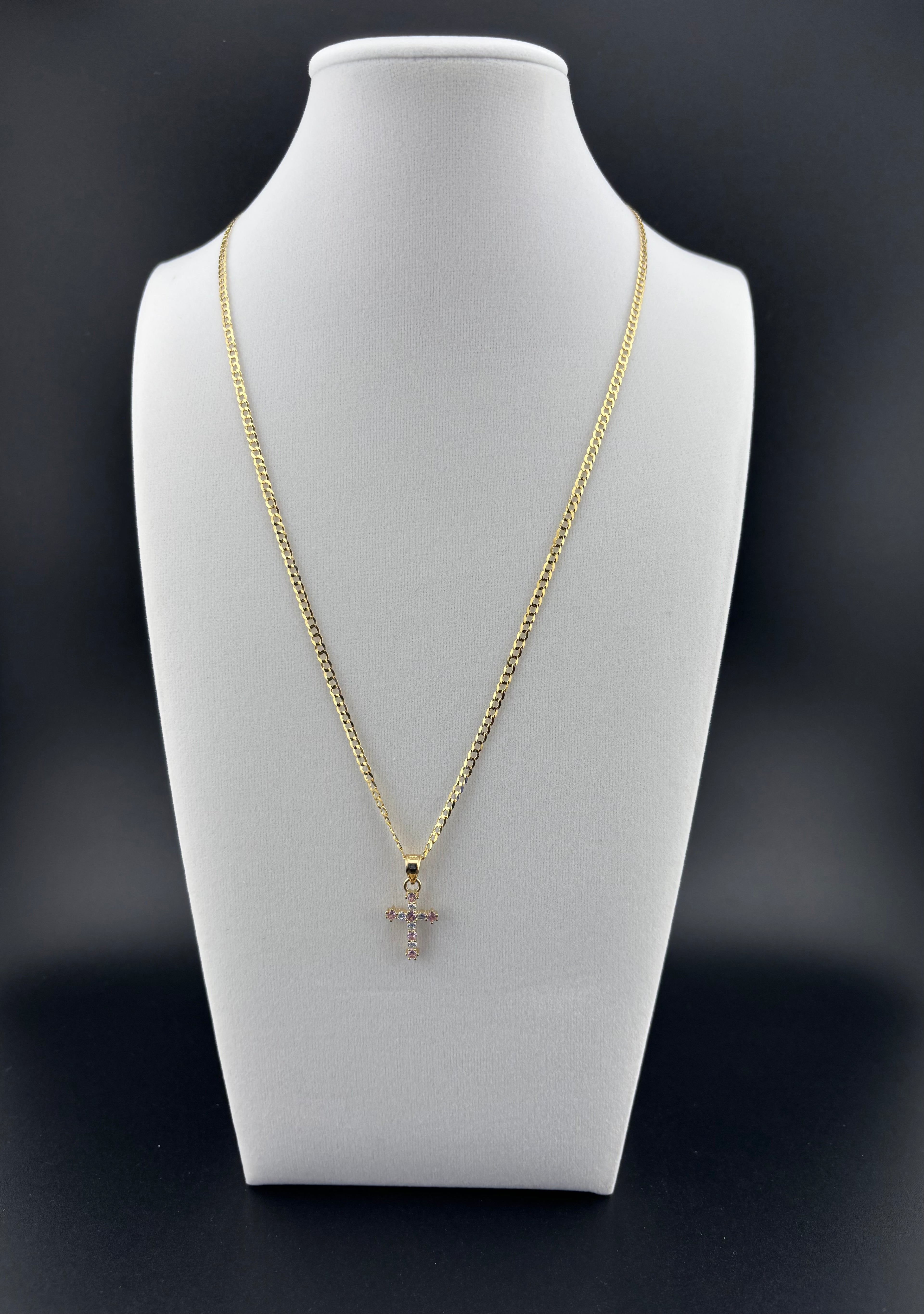 Cadena Oro 10k estilo Corte de Brillo con Dije de Cruz de perlas Blancas y Rosadas