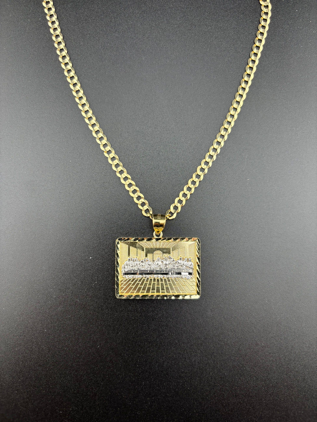 Cadena Oro 10k estilo Corte de Brillo con Dije Cuadrado de La Última Cena