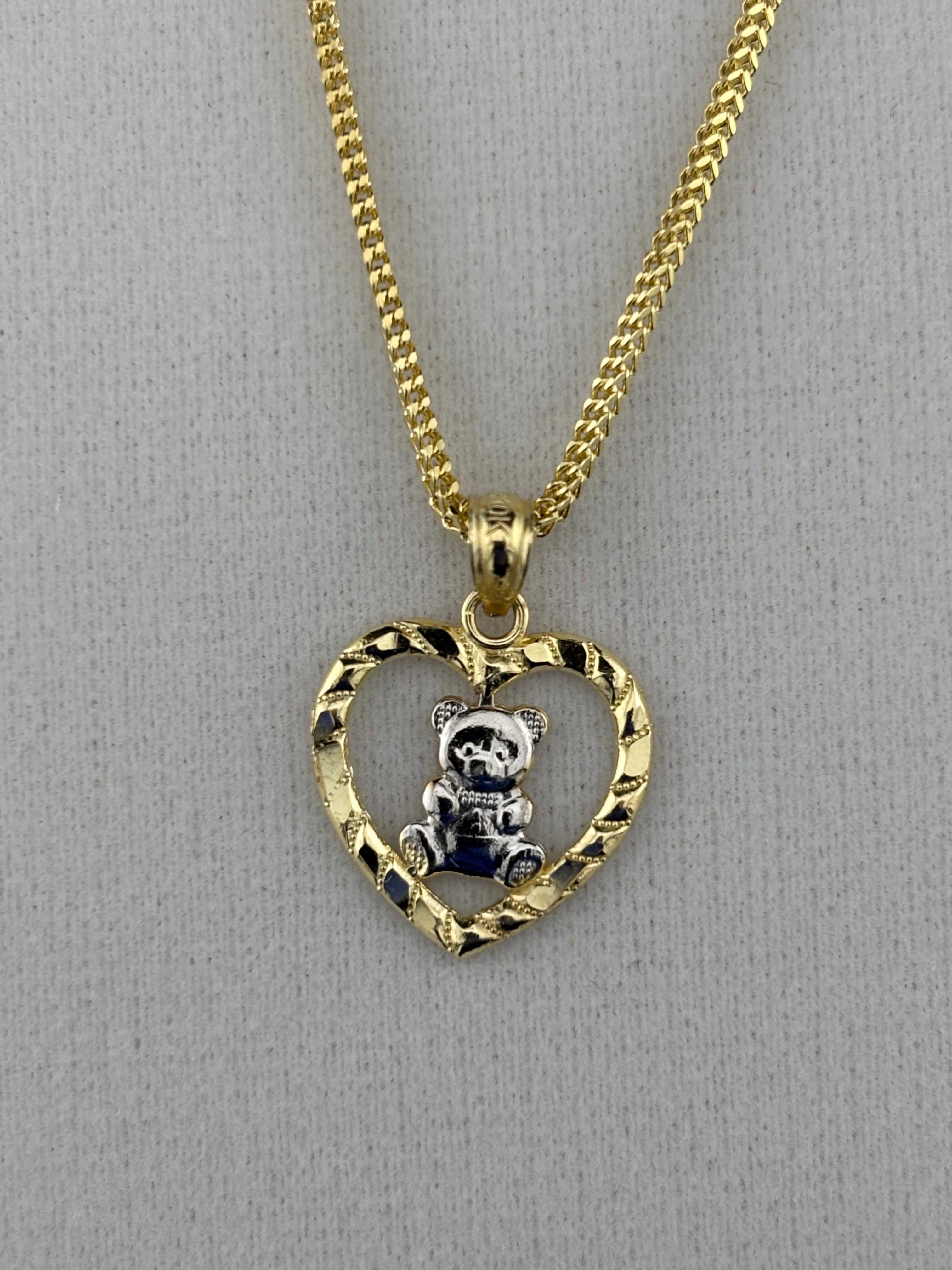Cadena de Oro 10k estilo Franco con Dije de Corazón y Osito