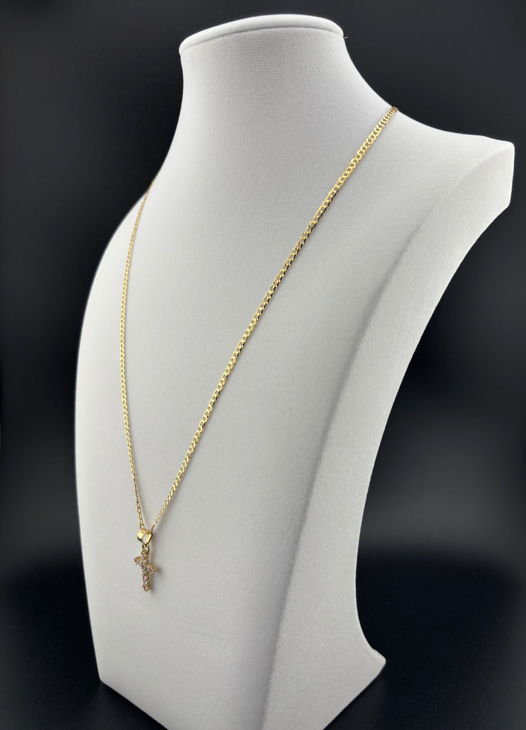 Cadena Oro 10k estilo Corte de Brillo con Dije de Cruz de perlas Blancas y Rosadas