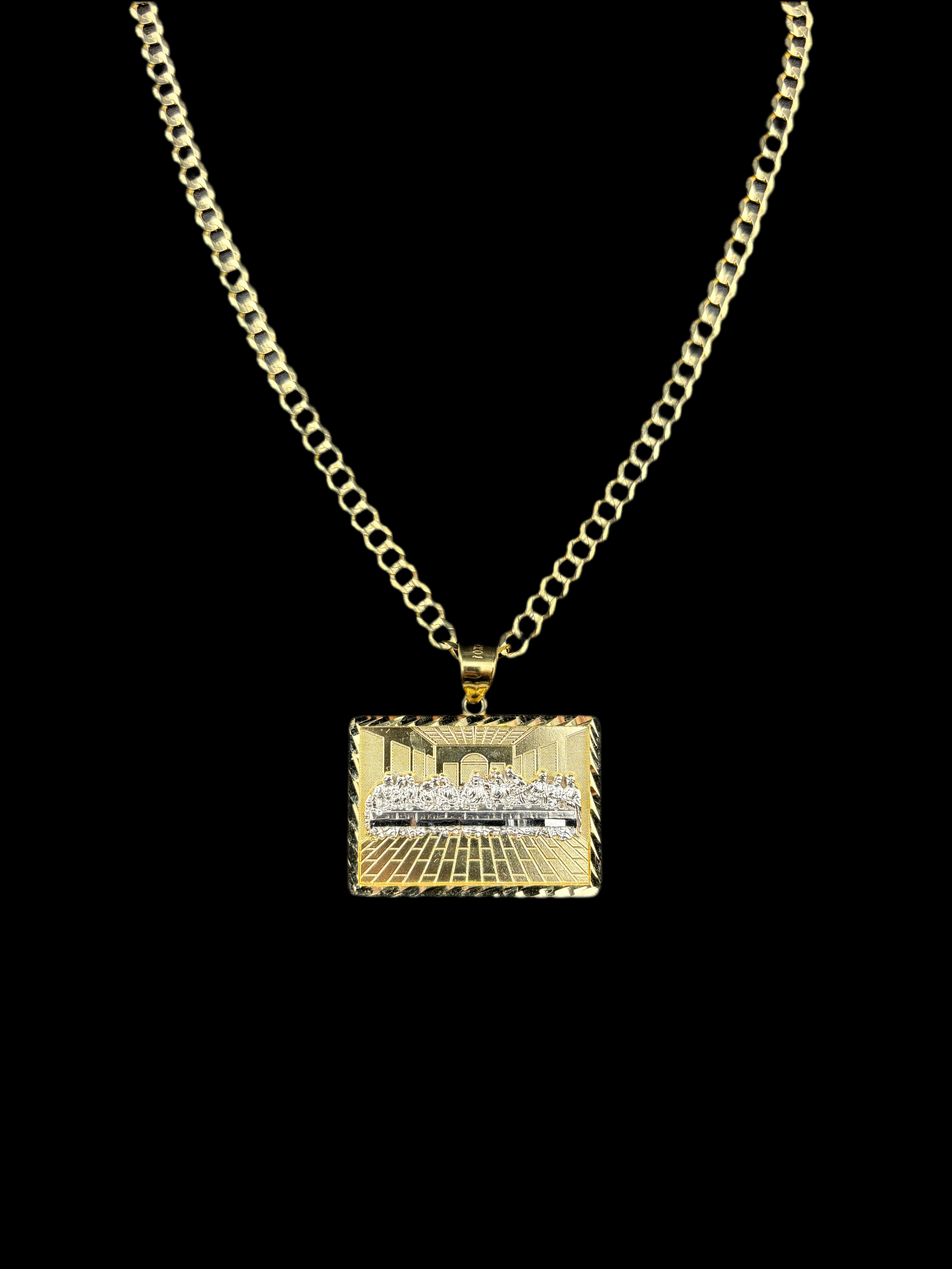 Cadena Oro 10k estilo Corte de Brillo con Dije Cuadrado de La Última Cena