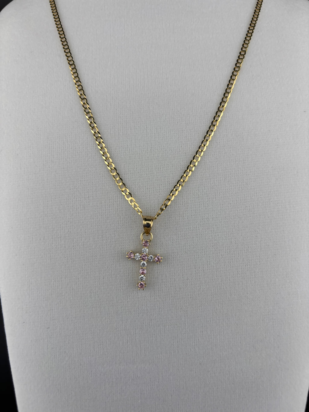 Cadena Oro 10k estilo Corte de Brillo con Dije de Cruz de perlas Blancas y Rosadas